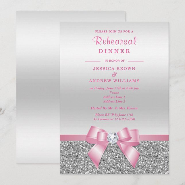 Invitation Dîner de répétition romantique rose bow argent pai (Devant / Derrière)