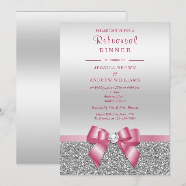 Invitation Dîner de répétition Romantique Ruban Rose, Paillet (Devant / Derrière)