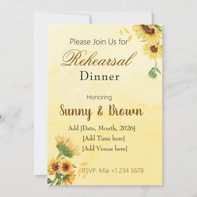 Invitation Dîner de répétition romantique tournesol rustique  (Devant)