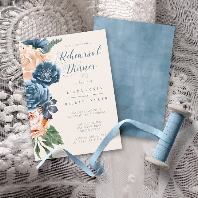 Invitation Dîner de répétition rose bleu/pêche ID584 (Front.Back In Situ)