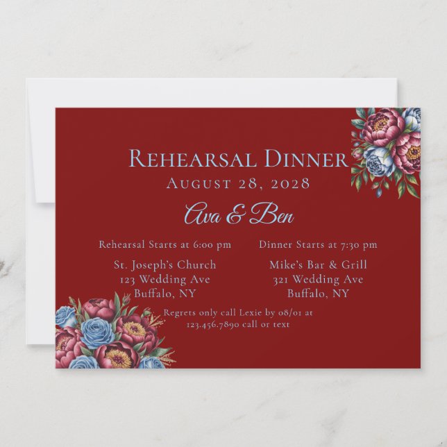 Invitation Dîner de répétition Rose Burgundy Peony et Blue (Devant)