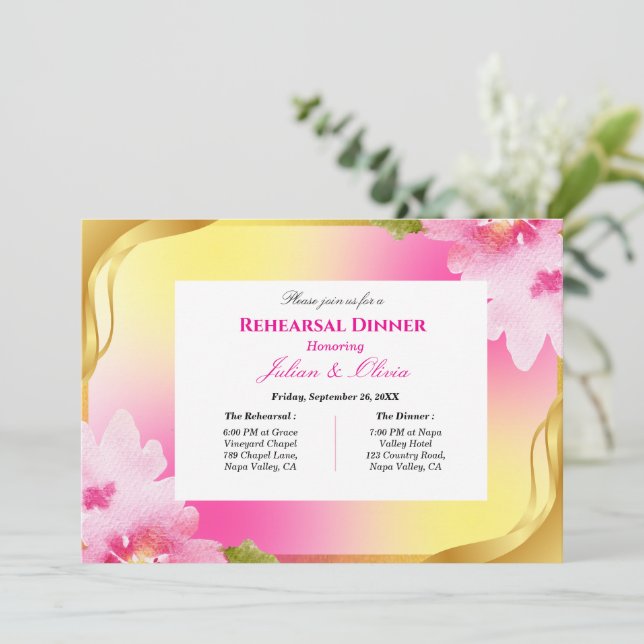 Invitation Dîner de répétition rose et jaune vibrant  (Debout devant)