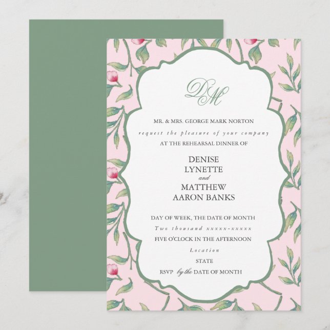 Invitation Dîner de répétition rose et vert basilic (Devant / Derrière)