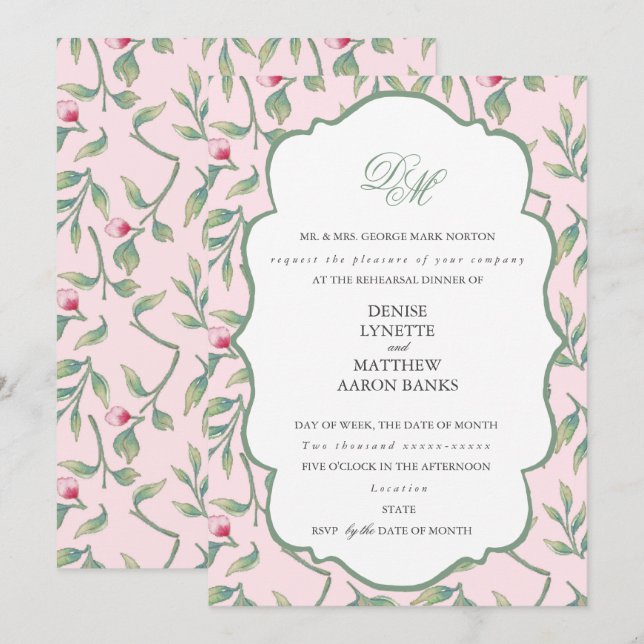 Invitation Dîner de répétition rose et vert basilic (Devant / Derrière)
