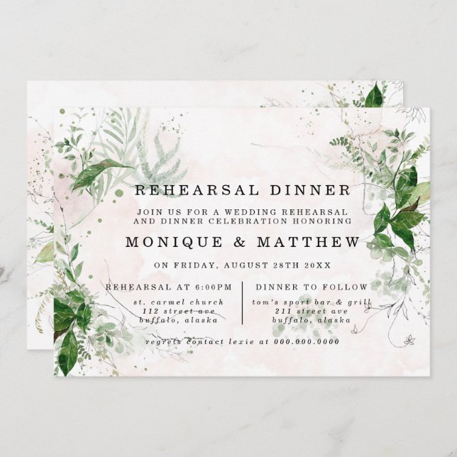 Invitation Dîner de répétition rose Feuille Eucalyptus (Devant / Derrière)