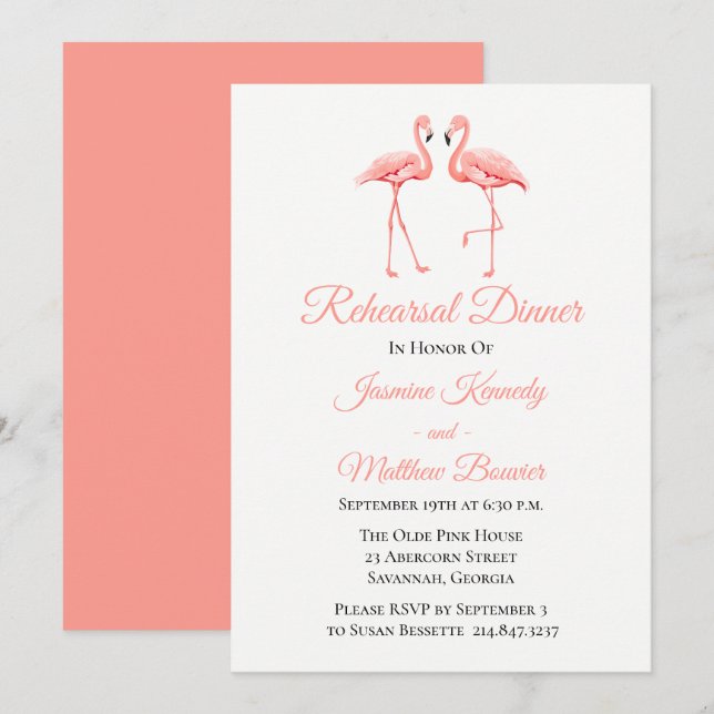 Invitation Dîner de répétition rose Flamant rose Mariage Luau (Devant / Derrière)