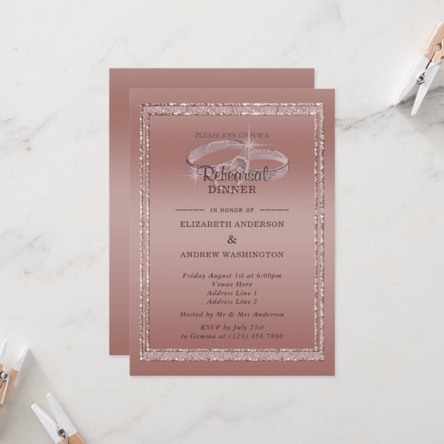 Invitation Dîner de répétition rose Gold Parties scintillant  (Devant/Arrière en situation)