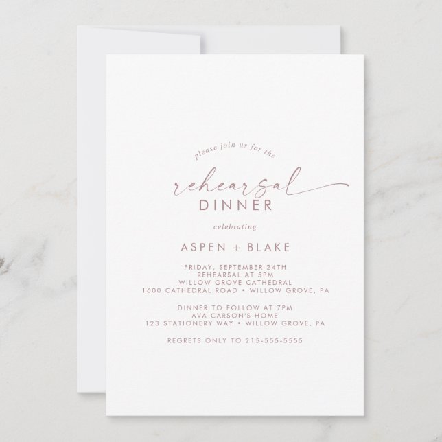 Invitation Dîner de répétition Rose moderne Gold Script (Devant)