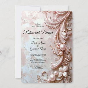 Invitation Dîner de répétition Rose Orné Perle et Floral