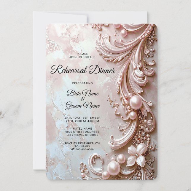 Invitation Dîner de répétition Rose Orné Perle et Floral (Devant)