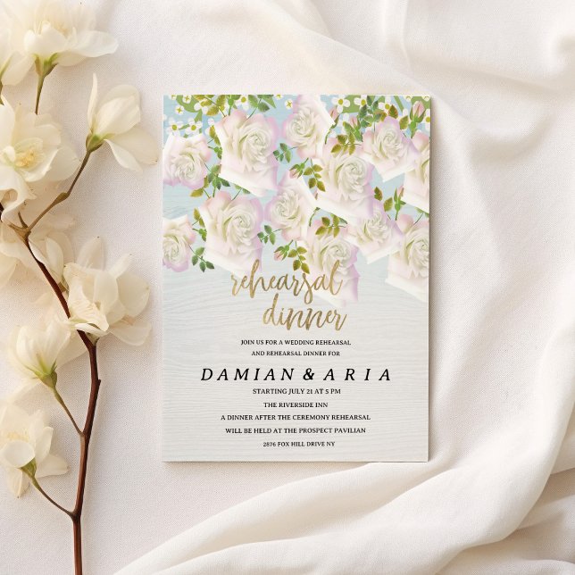 Invitation Dîner de répétition rose rustique en bois blanc ro (Rustic white wood pink mint roses Rehearsal Dinner)