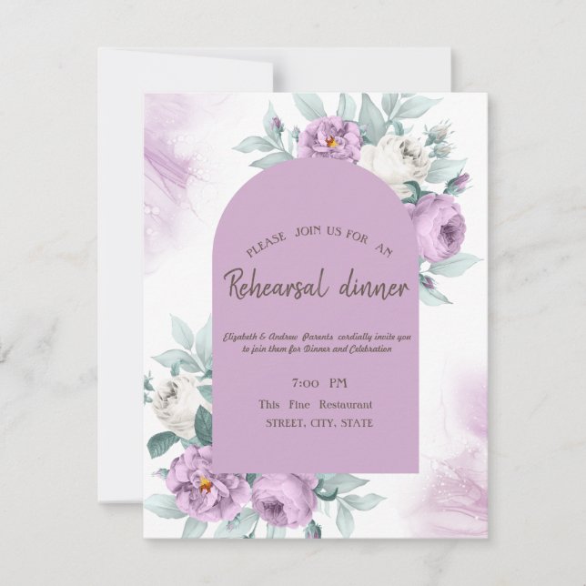 Invitation Dîner de répétition Roses lilas aquarelle Points (Devant)