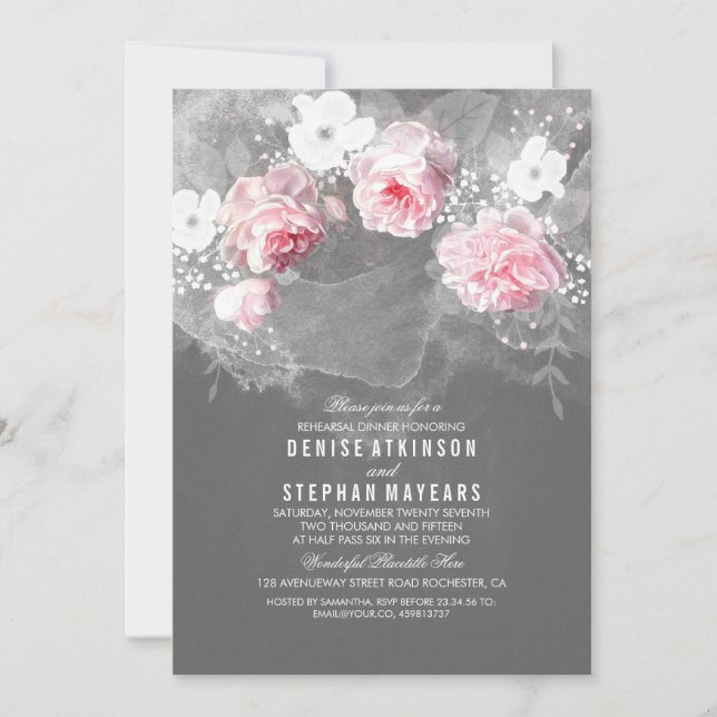 Invitation Dîner de répétition Roses roses et Fleurs blanches (Devant)