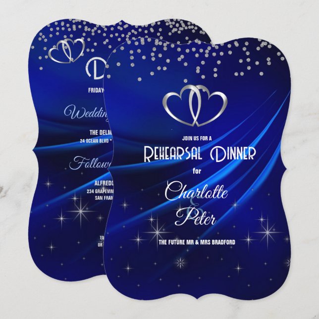 Invitation Dîner de répétition Royal Blue Diamonds & Hearts (Devant / Derrière)