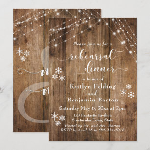 Invitation Dîner de répétition Rustic Wood, Snowflakes & Ligh