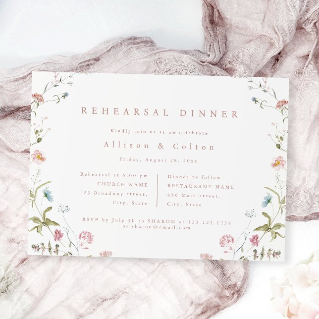 Invitation Dîner de répétition Rustique Boho Fleur sauvage él (Elegant Wildflower Rustic Boho Rehearsal Dinner Invitation)