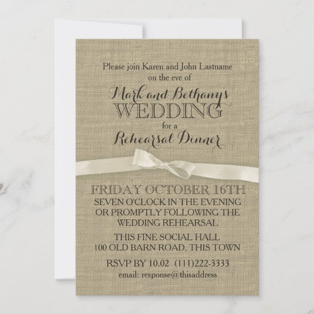 Invitation Dîner de répétition Rustique Burlap et White Bow (Devant)