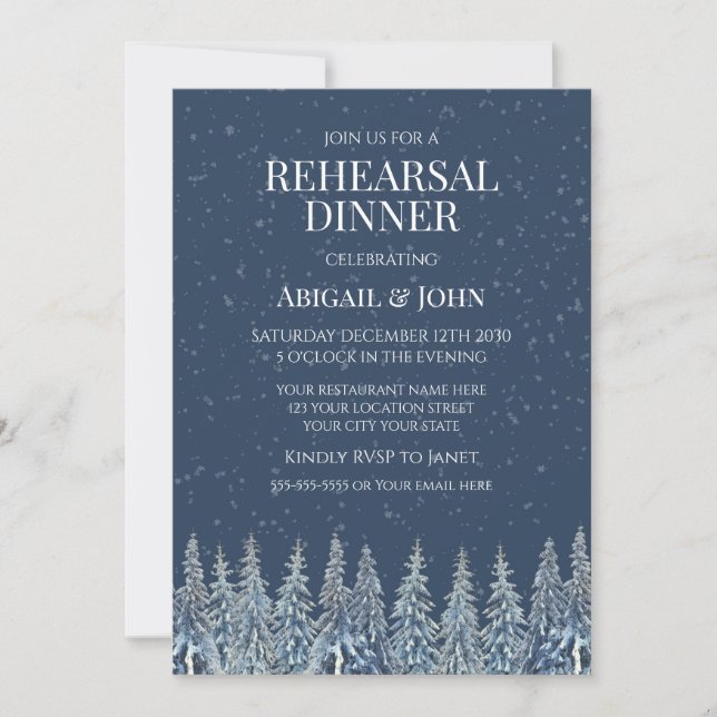 Invitation Dîner de répétition rustique de forêt hivernale bl (Devant)