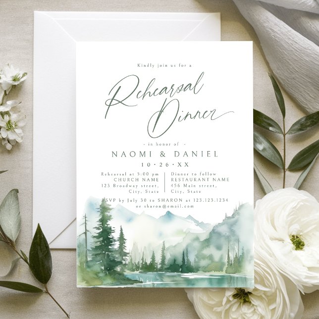 Invitation Dîner de répétition rustique de la forêt de la mon (Sage Mountain Forest Rustic Rehearsal Dinner Invitation)