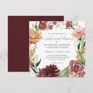 Invitation Dîner de répétition Rustique Floral Burgundy Blush