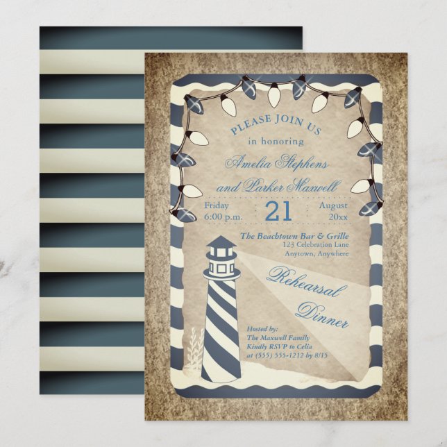 Invitation Dîner de répétition Rustique Nautical Lighthouse B (Devant / Derrière)