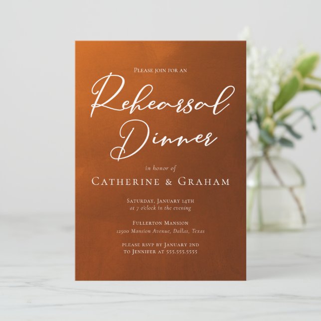 Invitation Dîner de répétition Rustique Orange Brûlé (Debout devant)