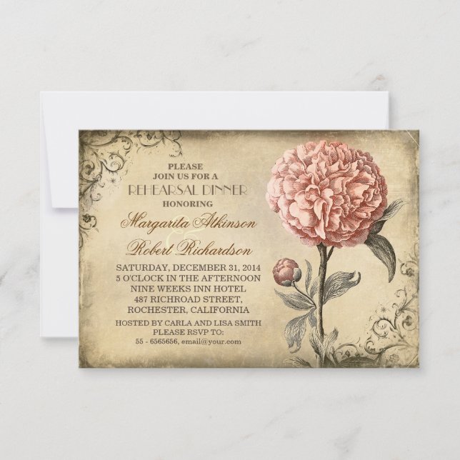 Invitation dîner de répétition rustique vintage rose poony (Devant)