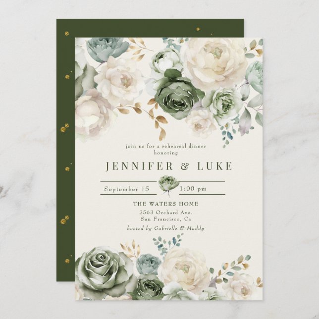 Invitation Dîner de répétition Sage Green & Ivory Flowers (Devant / Derrière)