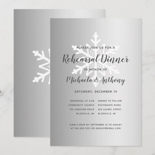 Invitation Dîner de répétition Silver Ombre Snowflake Winter (Devant / Derrière)