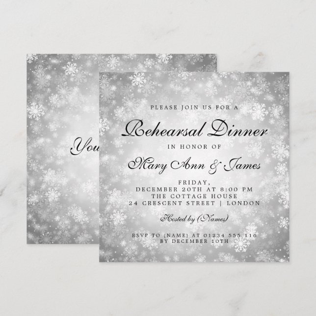 Invitation Dîner de répétition Silver Winter Wonderland (Devant / Derrière)