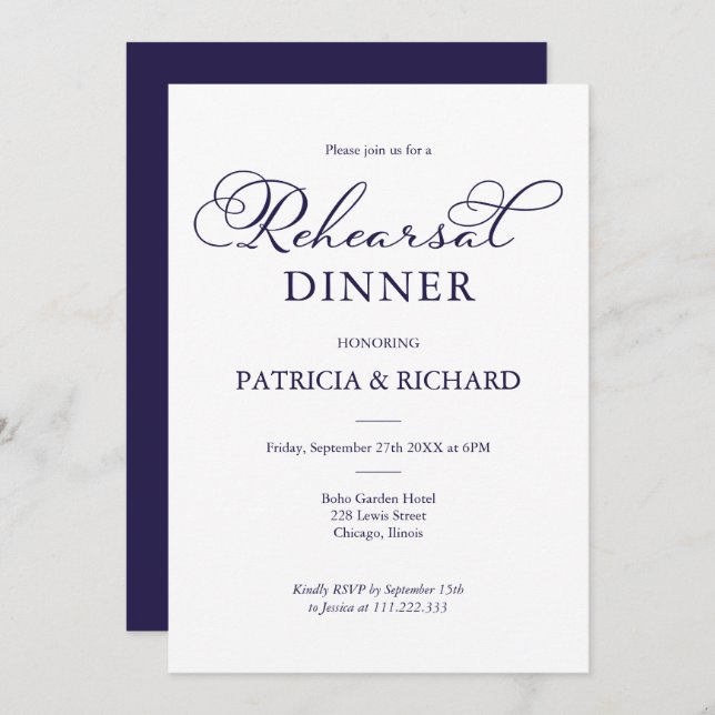 Invitation Dîner de répétition simple et chic Navy (Devant / Derrière)