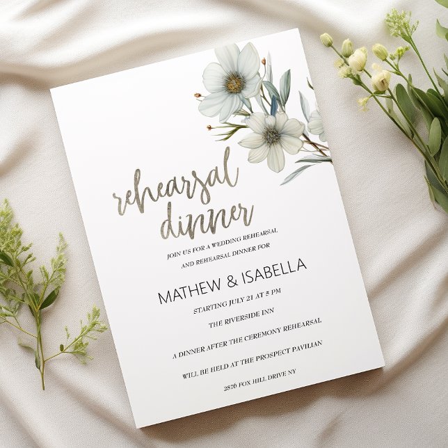 Invitation Dîner de répétition simple et fleuri à la menthe b (Simple white mint spring floral Rehearsal Dinner)