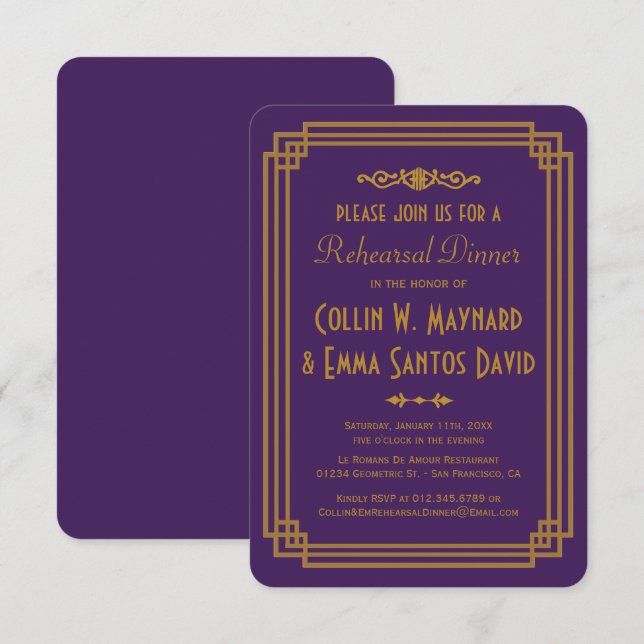 Invitation Dîner de répétition simple violet Art déco Invitat (Devant / Derrière)