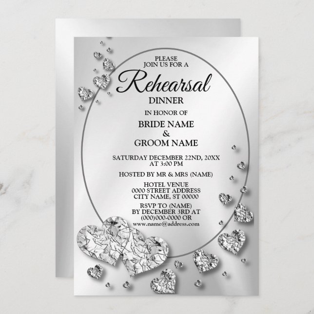 Invitation Dîner de répétition Soirée de mariage Argent Coeur (Devant / Derrière)