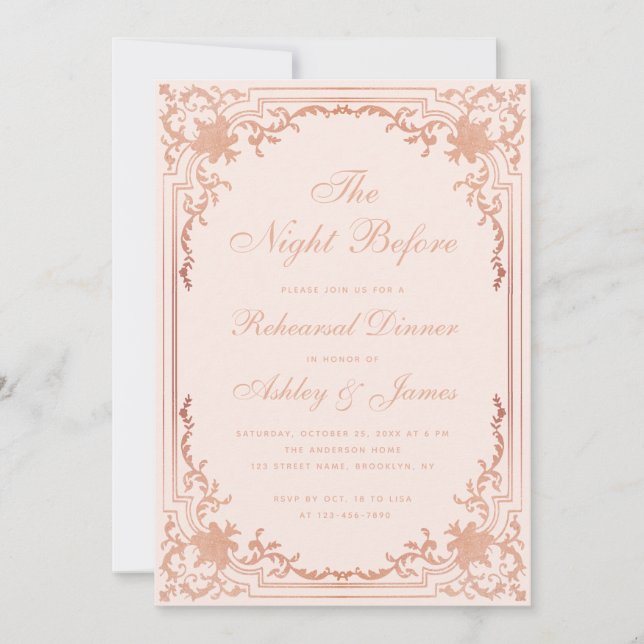 Invitation Dîner de répétition Soirée d'or rose pâle avant (Devant)