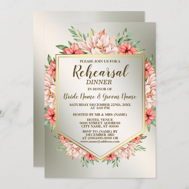 Invitation Diner de répétition Soirée Pêche Orange Floral Or (Devant / Derrière)