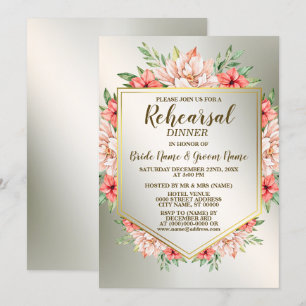 Invitation Diner de répétition Soirée Pêche Orange Floral Or