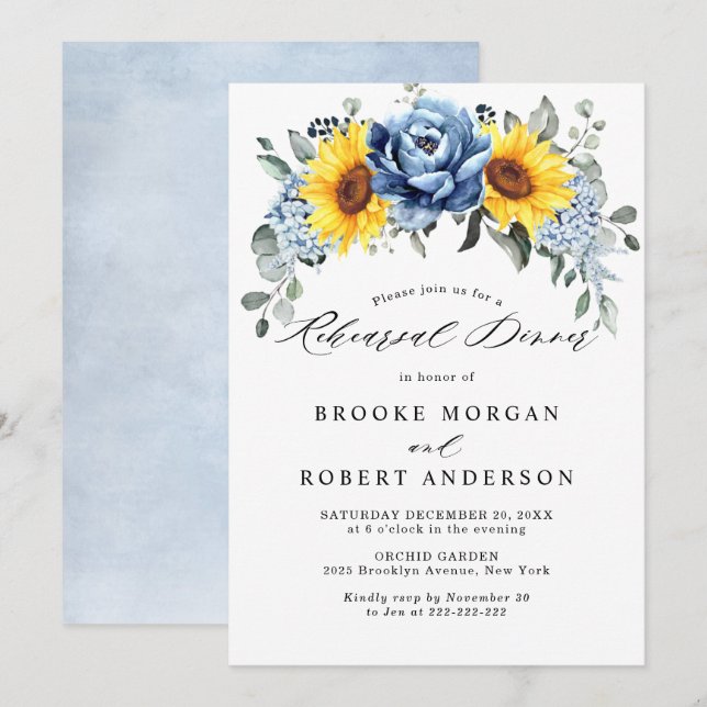 Invitation Dîner de répétition Sunflower Dusty Blue Slate Peo (Devant / Derrière)