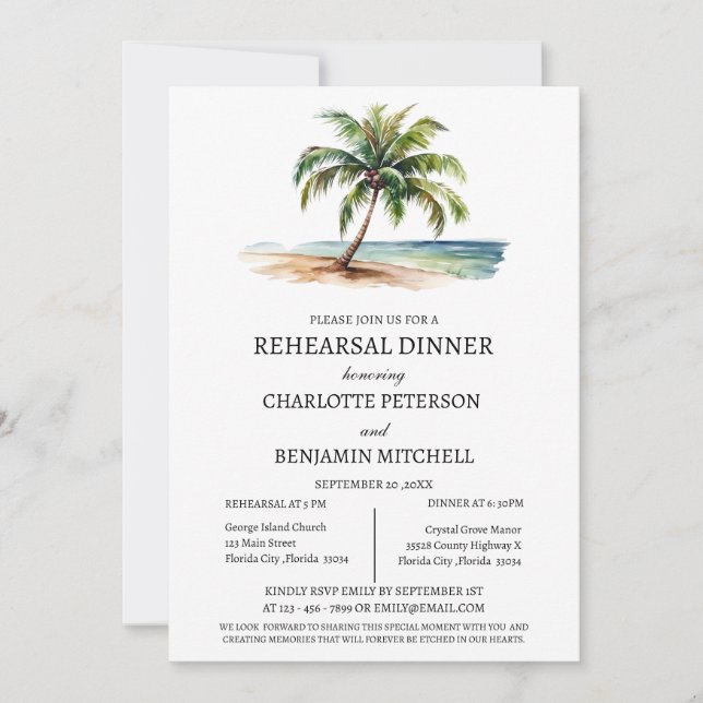Invitation Dîner de répétition sur la plage avec palmier à l' (Devant)