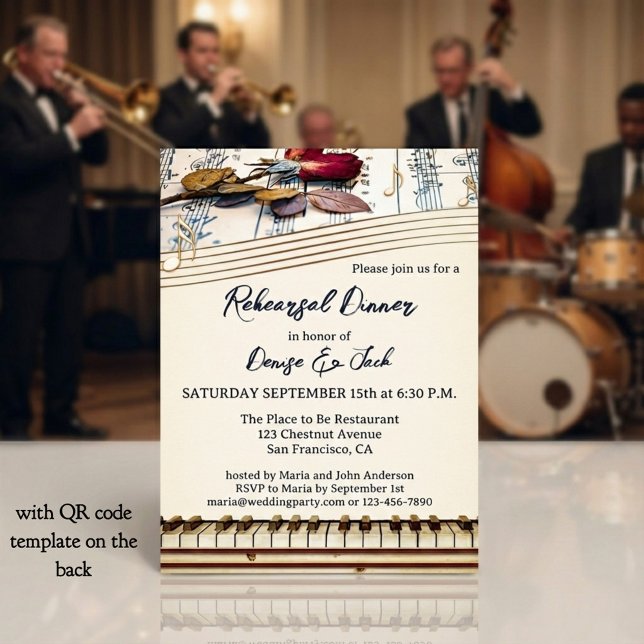 Invitation Dîner de répétition sur le thème de la musique rom (Elegant retro music themed wedding rehearsal dinner invitation with roses and a piano keyboard)