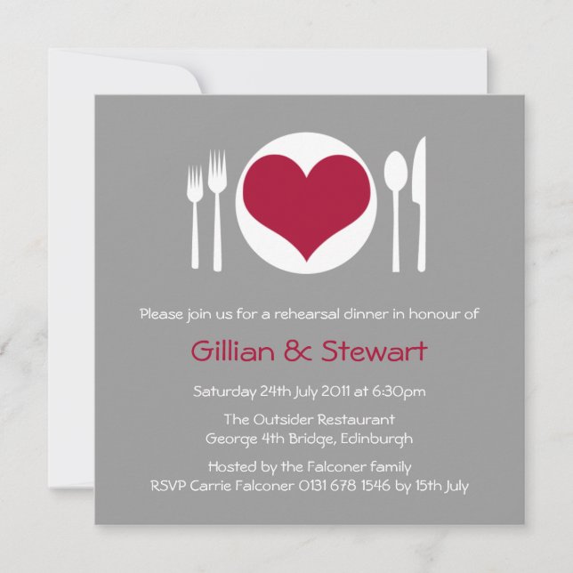 Invitation Dîner de répétition sur les plaques de coeur Amour (Devant)