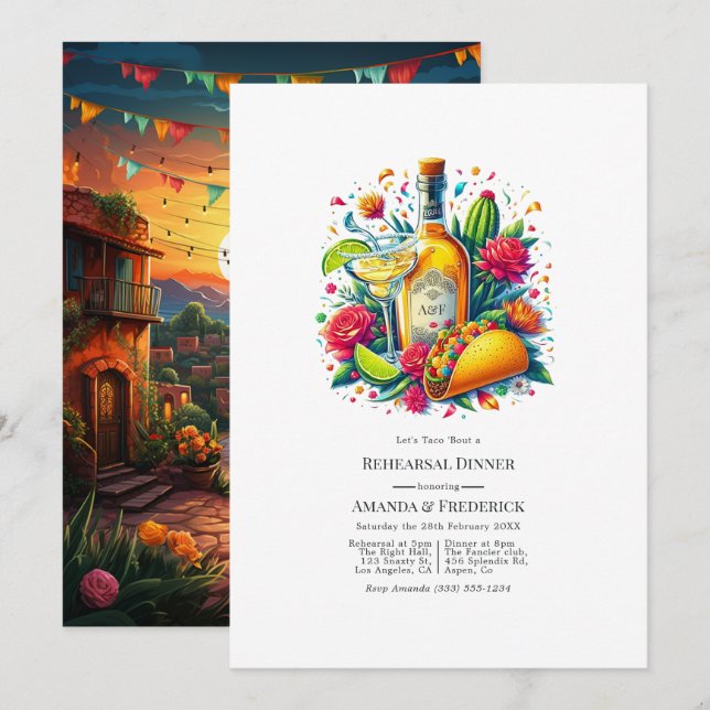 Invitation Dîner de répétition Tacos et Tequila Fiesta mexica (Devant / Derrière)