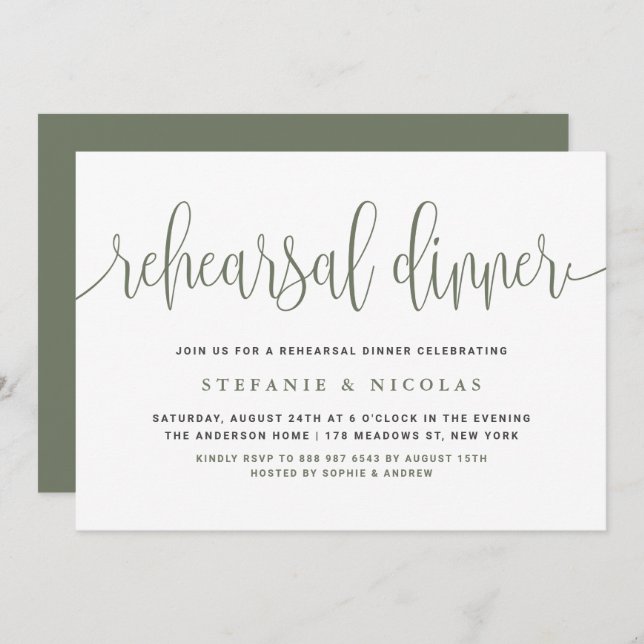 Invitation Dîner de répétition Taupe Green Pretty Calligraphy (Devant / Derrière)
