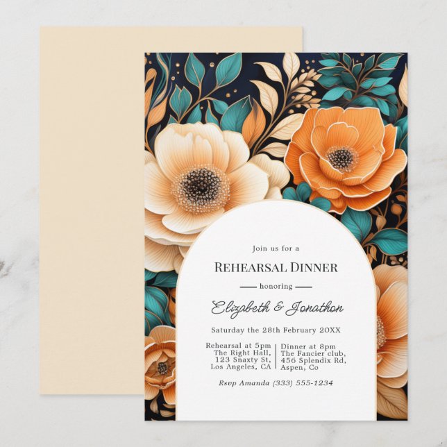 Invitation Dîner de répétition Teal Burnt Orange & Champagne (Devant / Derrière)