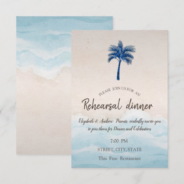 Invitation Dîner de répétition Tropical Beach Glitter Palm (Devant / Derrière)