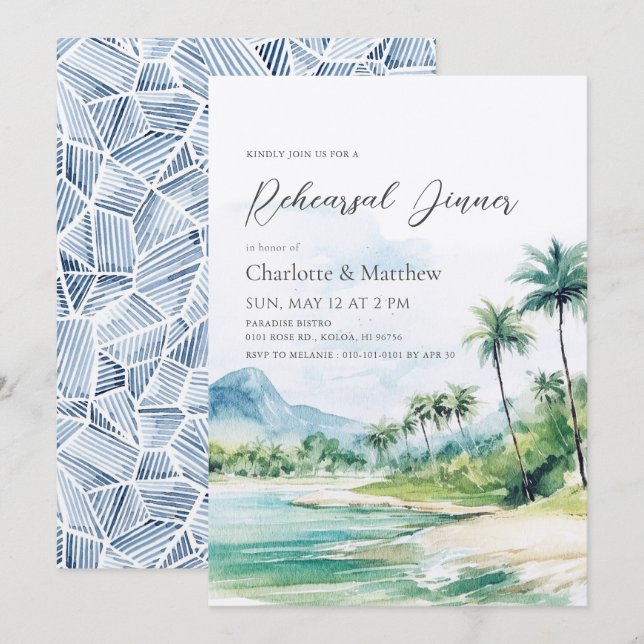 Invitation Dîner de répétition Tropical Beach Palm Trees (Devant / Derrière)