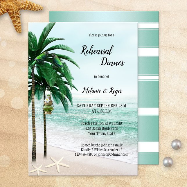 Invitation Dîner de répétition Tropical Beach Palm Trees (Beach or destination wedding tropical rehearsal dinner invitation featuring palm trees and starfish)