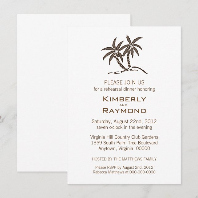 Invitation Dîner de répétition Tropical Brown Twin Palm Trees (Devant / Derrière)