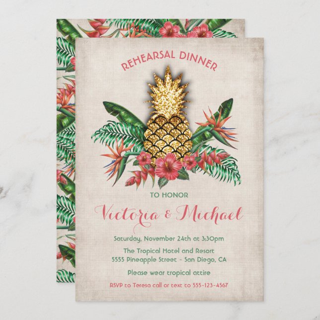 Invitation Dîner de répétition Tropical Golden Pineappal (Devant / Derrière)