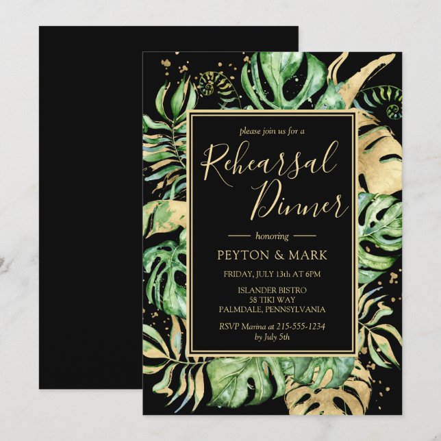 Invitation Dîner de répétition tropical moderne noir et or (Devant / Derrière)